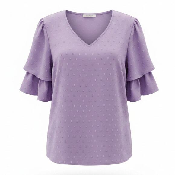 unkown Tops - Womens Purple Top V-Neck 3/4 Ruffed Sleeve Size 1XL